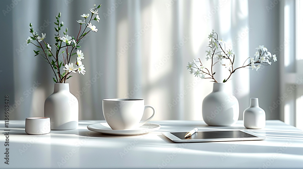 Minimalist table setting with white vases and tea in soft morning light Minimalist table setting with white vases and tea in soft morning light