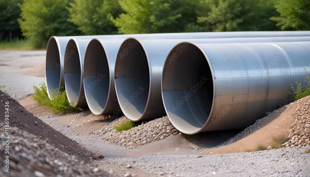 Metal pipes in a industrial area , surrounded by gravel and bushes Metal pipes in a industrial area , surrounded by gravel and bushes