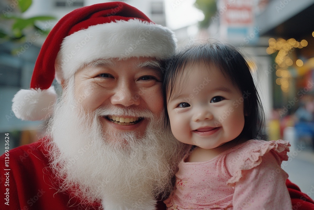 Cheerful xmas, Ñute baby girl smirk with santa claus. Christmas advertising idea photo shot shot for media and social platforms use. Holiday carols visuals. Santa claus sitting baby. Cheerful xmas, Ñute baby girl smirk with santa claus. Christmas advertising idea photo shot shot for media and social platforms use. Holiday carols visuals. Santa claus sitting baby.