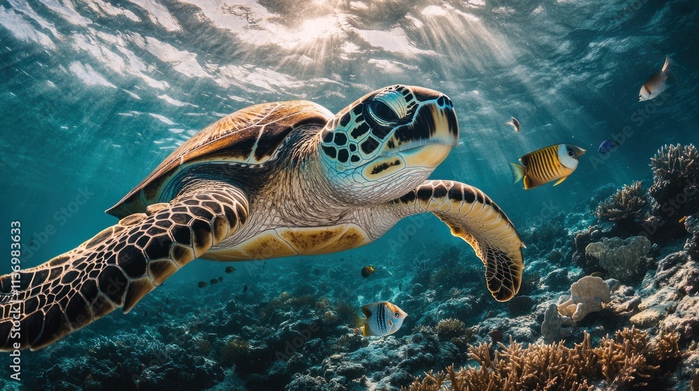 Obraz premium Hawksbill sea turtle swimming in vibrant coral reef with sunbeams.