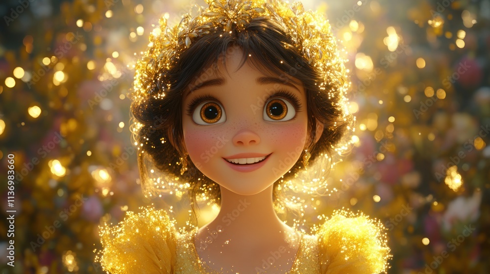 A joyful young girl with sparkling features and golden attire, surrounded by a magical atmosphere. A joyful young girl with sparkling features and golden attire, surrounded by a magical atmosphere.