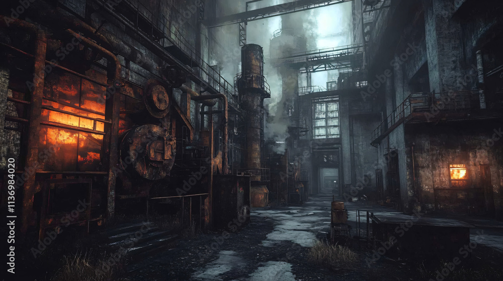 A haunting industrial warehouse, its shadowy walls flickering with ethereal fire, while rusted machinery stands motionless in the cold air. A haunting industrial warehouse, its shadowy walls flickering with ethereal fire, while rusted machinery stands motionless in the cold air.