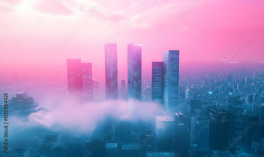 Dreamlike cityscape at dawn, skyscrapers emerge from pastel pink and blue fog, futuristic urban scene. Dreamlike cityscape at dawn, skyscrapers emerge from pastel pink and blue fog, futuristic urban scene.