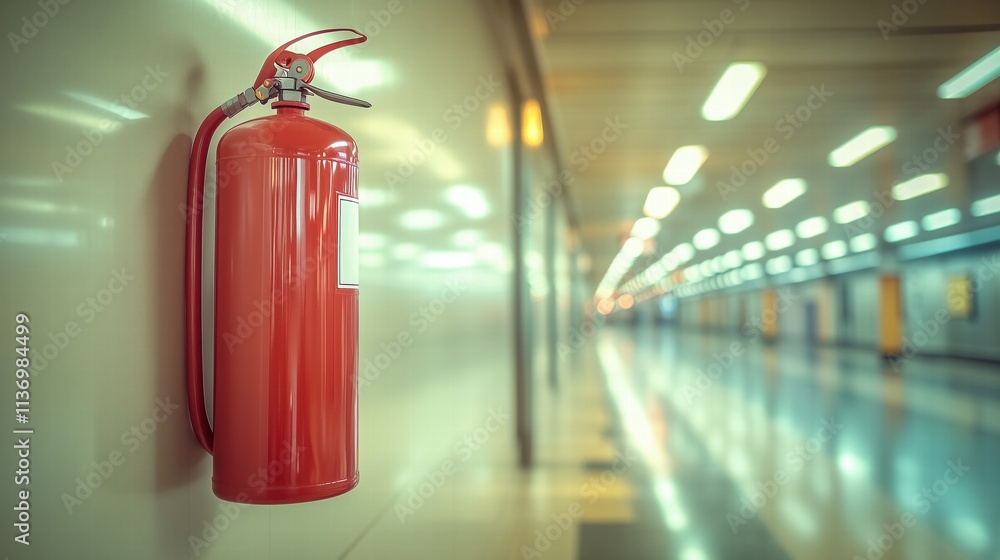 Red fire extinguisher mounted on a wall in a bright corridor. Emphasis on emergency preparedness. Red fire extinguisher mounted on a wall in a bright corridor. Emphasis on emergency preparedness.