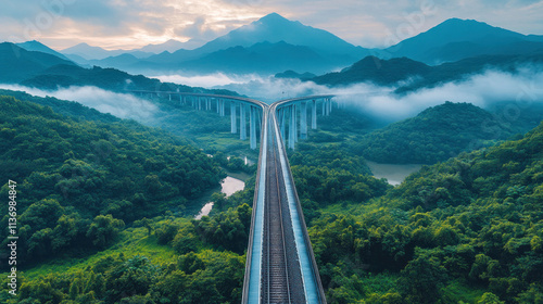 A high-speed rail bridge crossing a wide valley surrounded by lush greenery photo