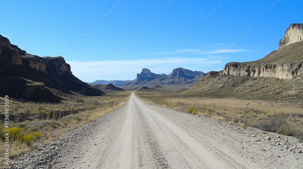 Scenic Dirt Road Through Desert Landscape with Rocky Formation Scenic Dirt Road Through Desert Landscape with Rocky Formation