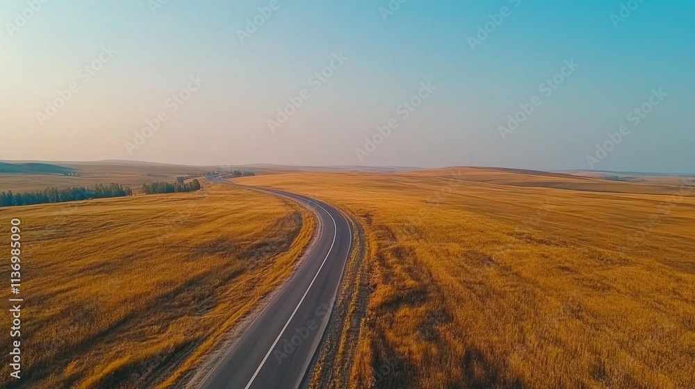 Fototapeta premium Serene Aerial View of Curved Road Through Golden Wheat Fields