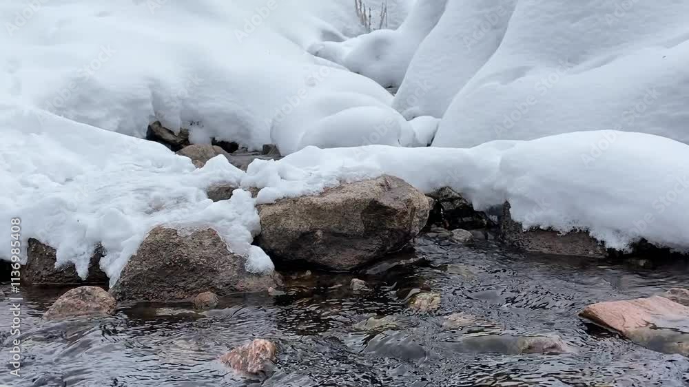 The water of a mountain stream flows with sound among stones and snow The water of a mountain stream flows with sound among stones and snow