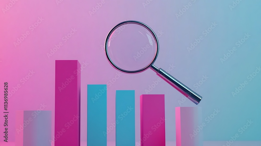 Magnifying glass over colorful bar graph. Magnifying glass over colorful bar graph.