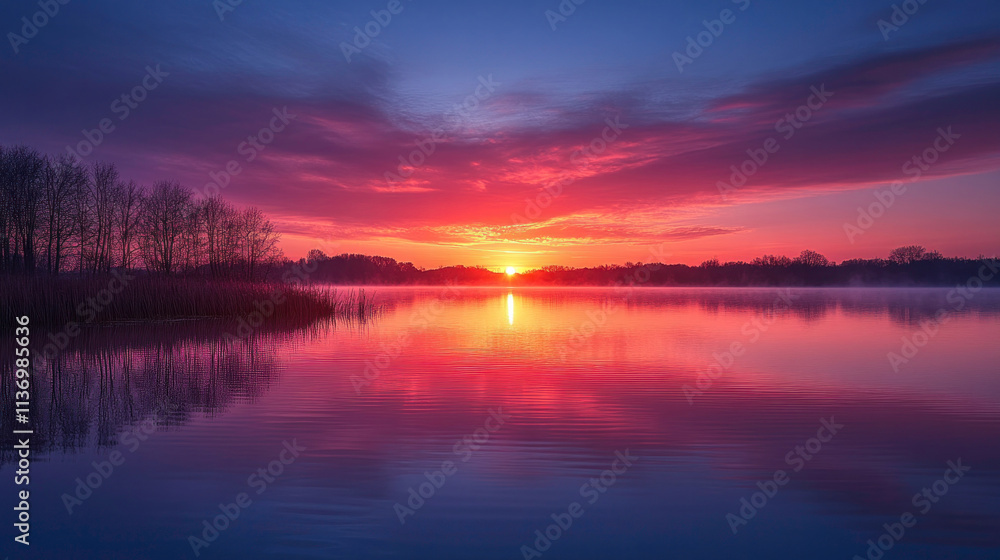 A serene skyline reflected in still water during a peaceful sunrise A serene skyline reflected in still water during a peaceful sunrise
