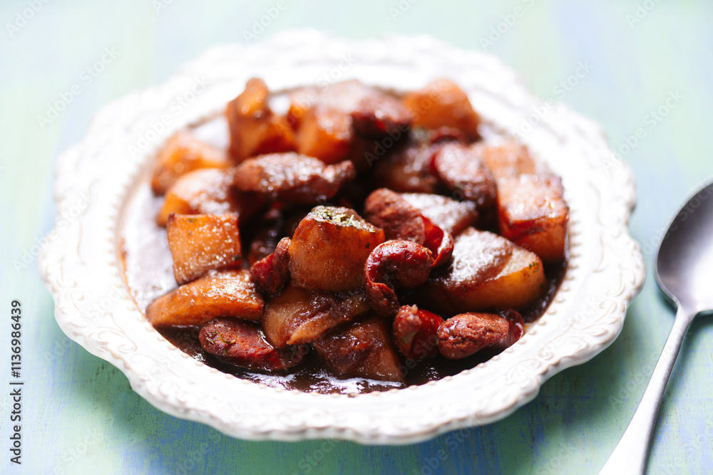traditional spanish potatoes with chorizo sausage