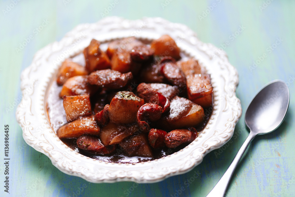 traditional spanish potatoes with chorizo sausage