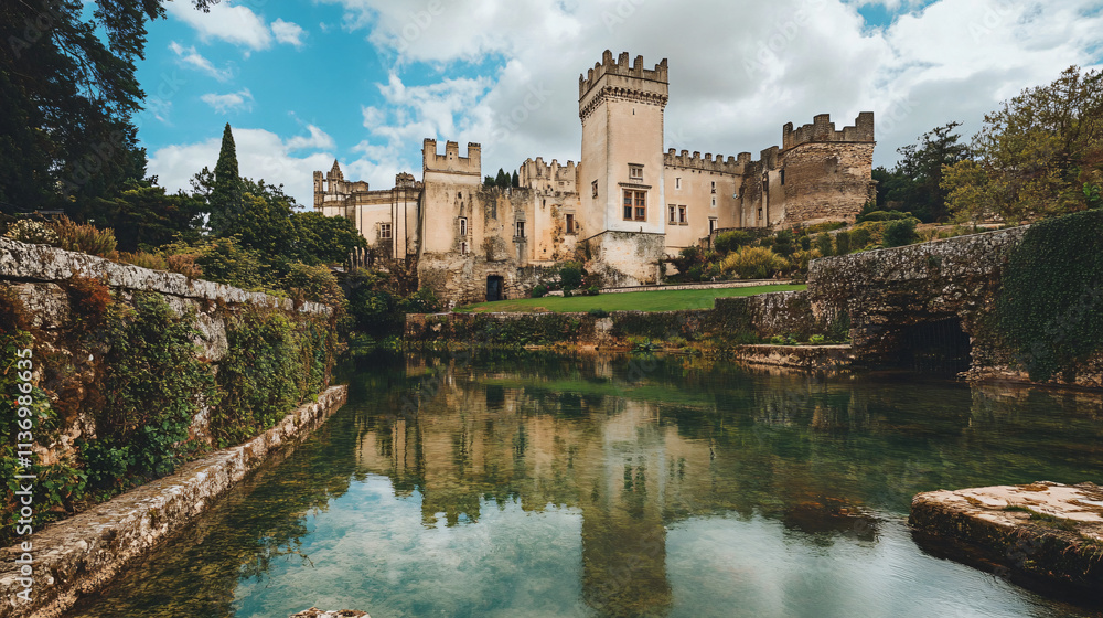 A historical European castle with tall towers, expansive gardens, and a moat filled with clear water reflecting the sky. A historical European castle with tall towers, expansive gardens, and a moat filled with clear water reflecting the sky.