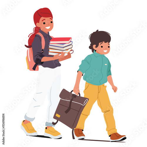Younger boy and elder girl cartoon characters going to study at school for cognition and learning
