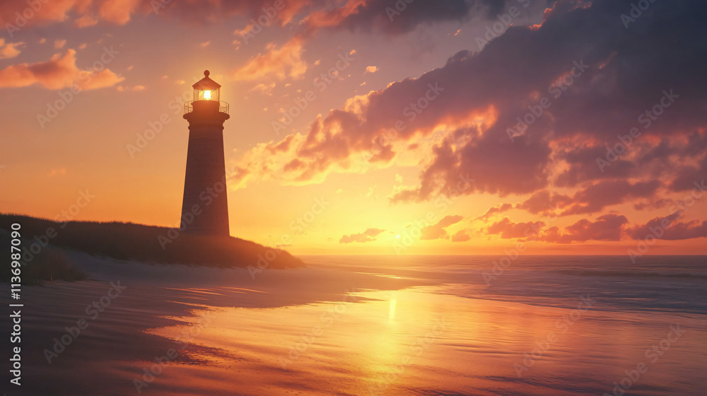A historic lighthouse silhouetted against a stunning sunset sky, casting a shadow on the sandy beach below. A historic lighthouse silhouetted against a stunning sunset sky, casting a shadow on the sandy beach below.