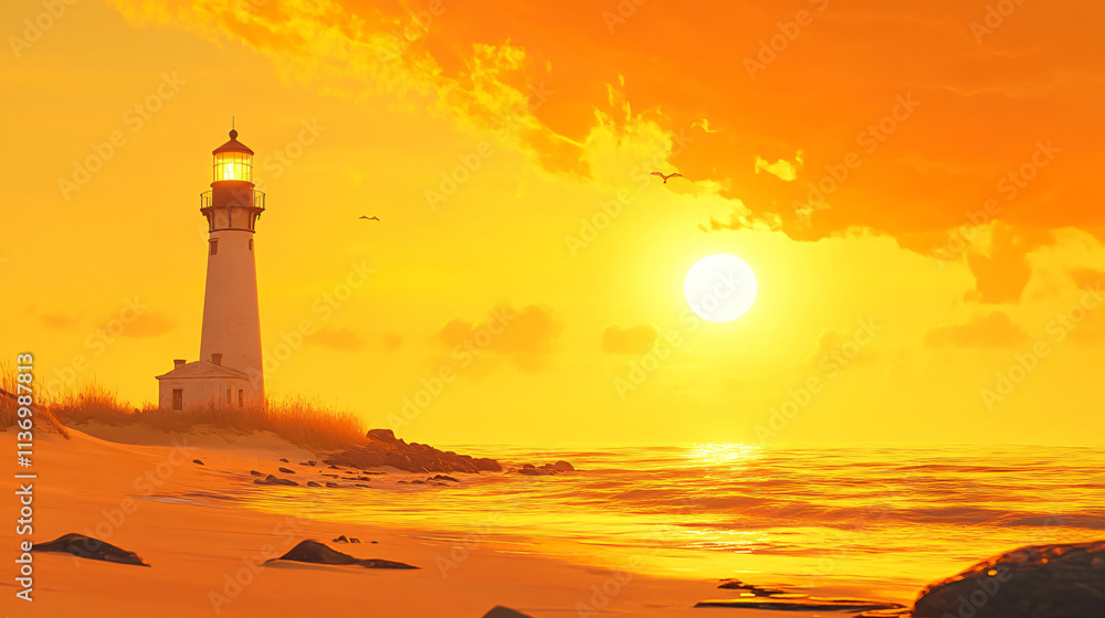 A historic lighthouse standing tall against the backdrop of a vivid golden sunset over a sandy beach. A historic lighthouse standing tall against the backdrop of a vivid golden sunset over a sandy beach.