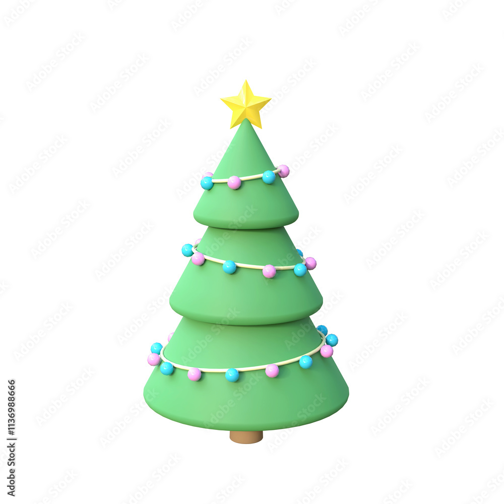 Christmas tree with decorations and garland isolated object on white background 3D rendered cartoon illustration. Christmas and New Year cutout clipart design element. Winter holidays icon or logo. Christmas tree with decorations and garland isolated object on white background 3D rendered cartoon illustration. Christmas and New Year cutout clipart design element. Winter holidays icon or logo.