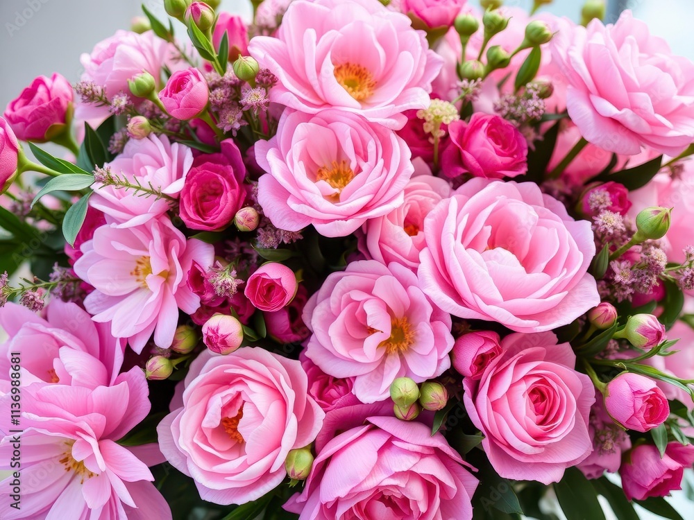 A beautiful arrangement of fresh pink peonies and roses with space for text, pink, flowers, flora A beautiful arrangement of fresh pink peonies and roses with space for text, pink, flowers, flora