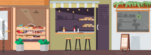 Bakery shop, fastfood cafe, coffee house city street marketplace building exterior cartoon scene