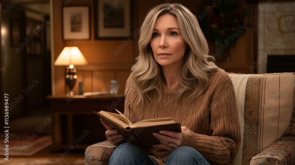 Serious Middle-Aged Woman Holding Book in Room Serious Middle-Aged Woman Holding Book in Room