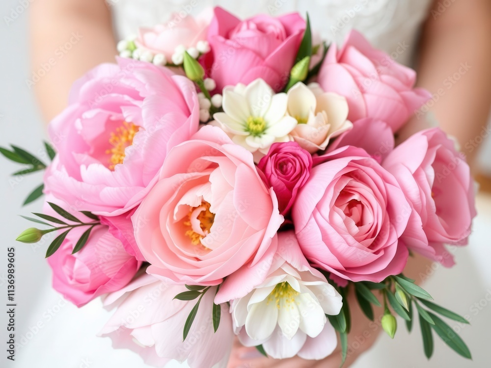 Beautiful fresh bouquet of pink peonies and roses with open space for text, romantic, wedding, bouquet Beautiful fresh bouquet of pink peonies and roses with open space for text, romantic, wedding, bouquet