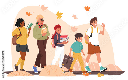 Primary, elementary or high school, college and university students characters going to study