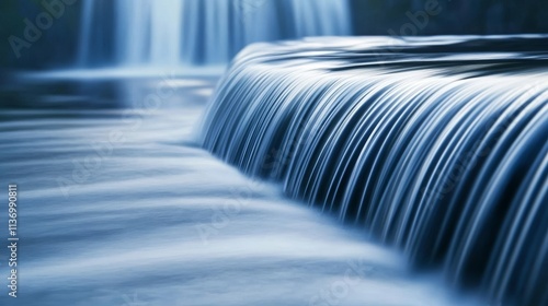A beautifully smooth cascade of water creates a silky effect as it flows over a ledge. The soft lighting and smooth texture of the water give the scene a calming and soothing atmosphere, perfect for