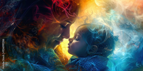 Digital Portrait of Mother and Child with Abstract Background