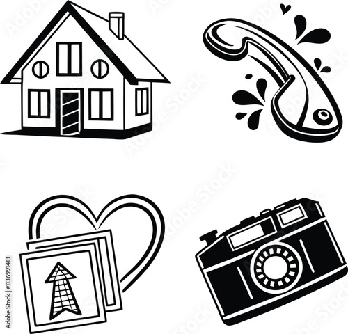 Simple Black and White Illustration of House, Phone, Camera, and Heart