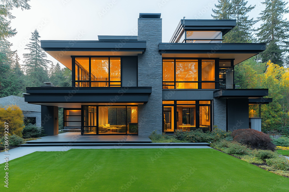 Photographie immobilière extérieure d'une maison moderne avec pelouse entretenue et architecture épurée Photographie immobilière extérieure d'une maison moderne avec pelouse entretenue et architecture épurée