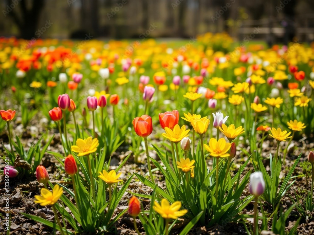 Vibrant daffodil flowers blooming in a sunlit field of green grass and blue sky, vivid, ecology, landscape Vibrant daffodil flowers blooming in a sunlit field of green grass and blue sky, vivid, ecology, landscape
