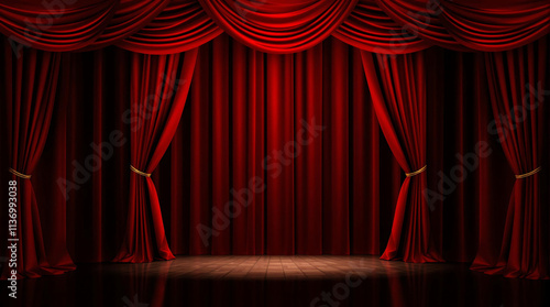 Closed red stage curtains, creating a dramatic and expectant atmosphere, perfect for theater, opera, or performance backgrounds photo