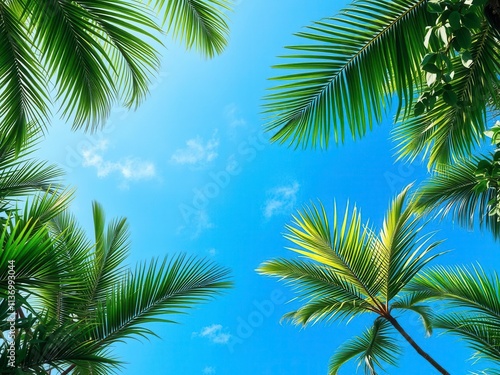 Tropical palm leaves bordering a blue sky, providing a lush and vibrant backdrop, nature, tropical, blue sky