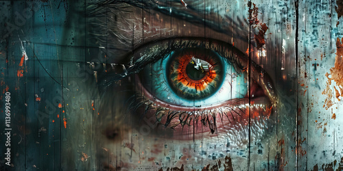 Digital Composite Image of Human Eye on Weathered Wood