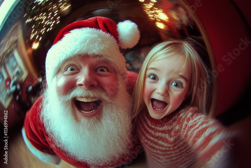 Gleeful yule, Ñute child girl pleased with santa claus. Christmas commercial creative photo shot shot for marketing material and online banner use. Holiday smiles ads. Santa claus child sitting.