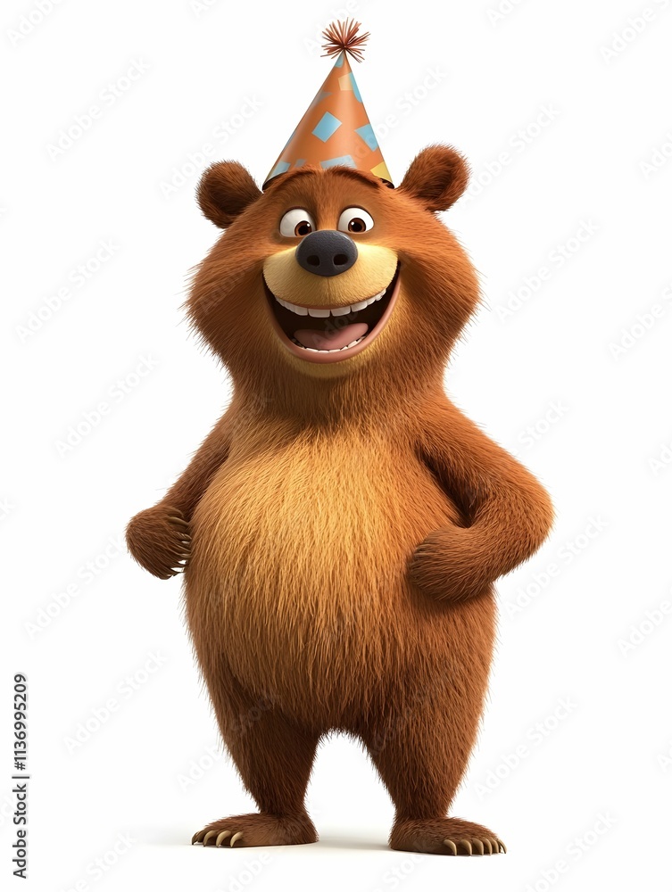 Fototapeta premium Happy bear wearing a party hat celebrates a joyful occasion with a big smile and cheerful demeanor