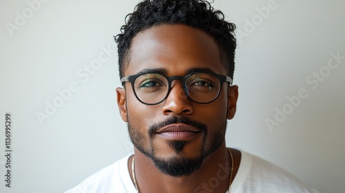 Portrait of a young Black man with glasses, neutral expression, looking directly at the camera.