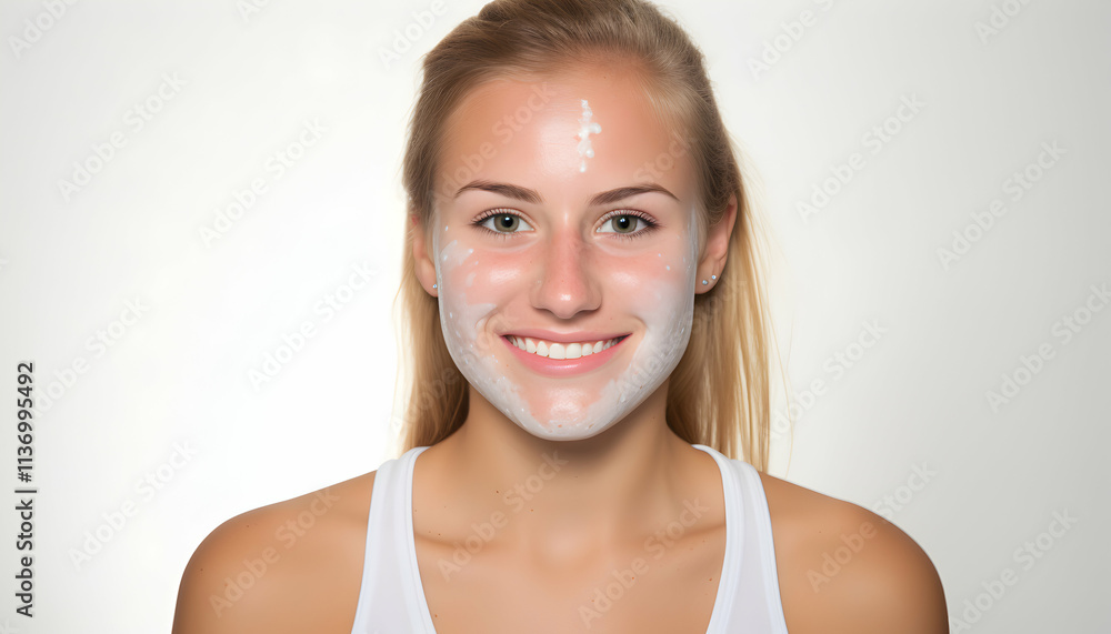 Young woman with a cleansing face mask, smiling at the camera. Perfect for skincare or beauty product advertisements. Young woman with a cleansing face mask, smiling at the camera. Perfect for skincare or beauty product advertisements.