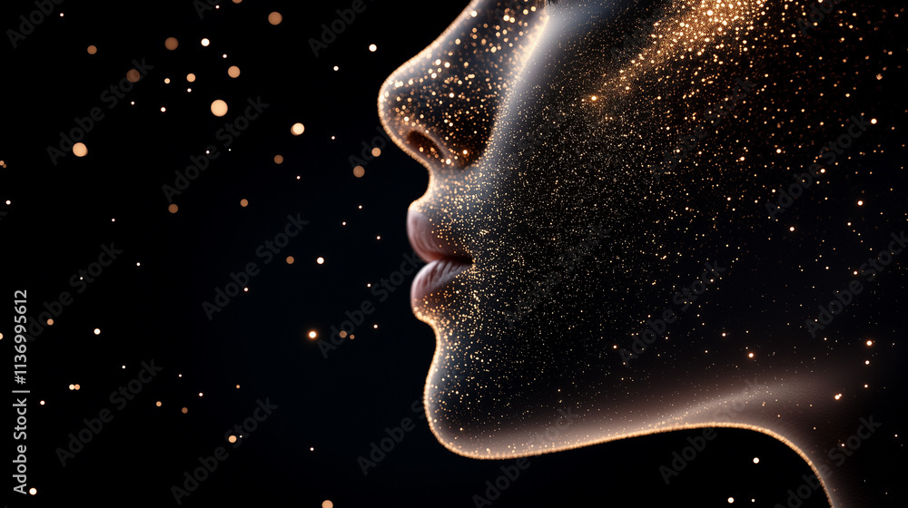 The face profile is decorated with gold particles, creating a magical and ethereal atmosphere, creating a contrast between the dark background and the sparkling gold. The face profile is decorated with gold particles, creating a magical and ethereal atmosphere, creating a contrast between the dark background and the sparkling gold.
