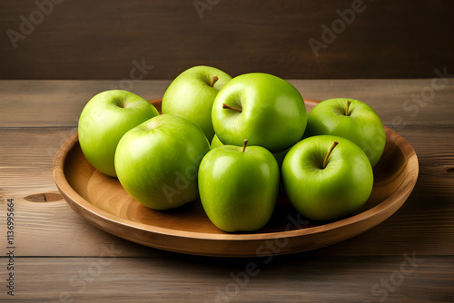 Green granny smith apples on a wooden plate with soft lighting
 photo