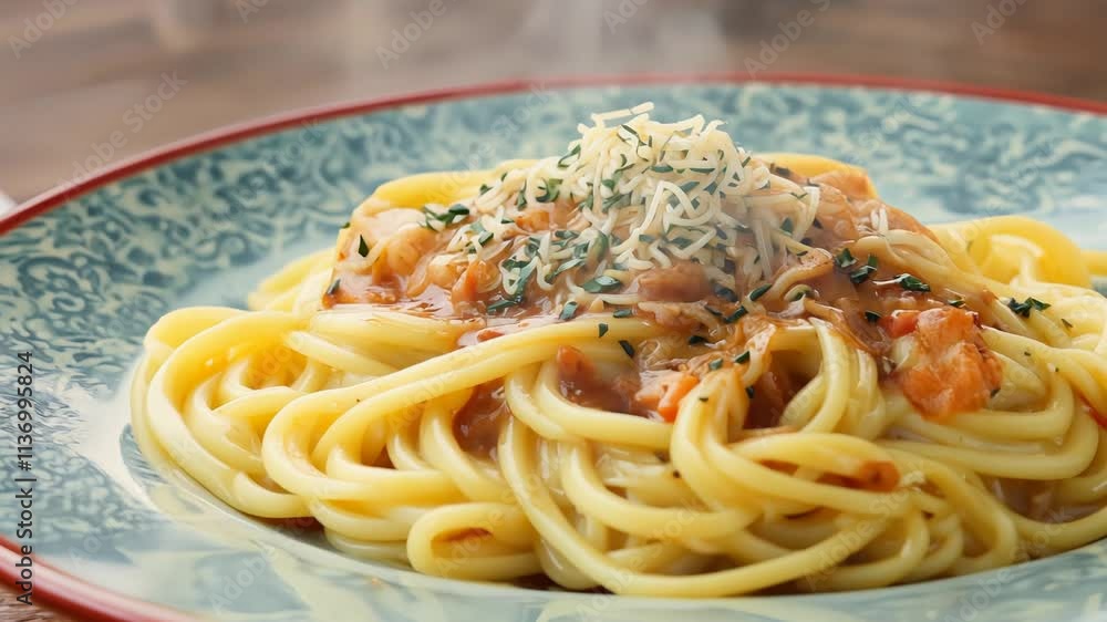 Delicious Spaghetti Dish Topped with Cheese and Fresh Herbs Delicious Spaghetti Dish Topped with Cheese and Fresh Herbs