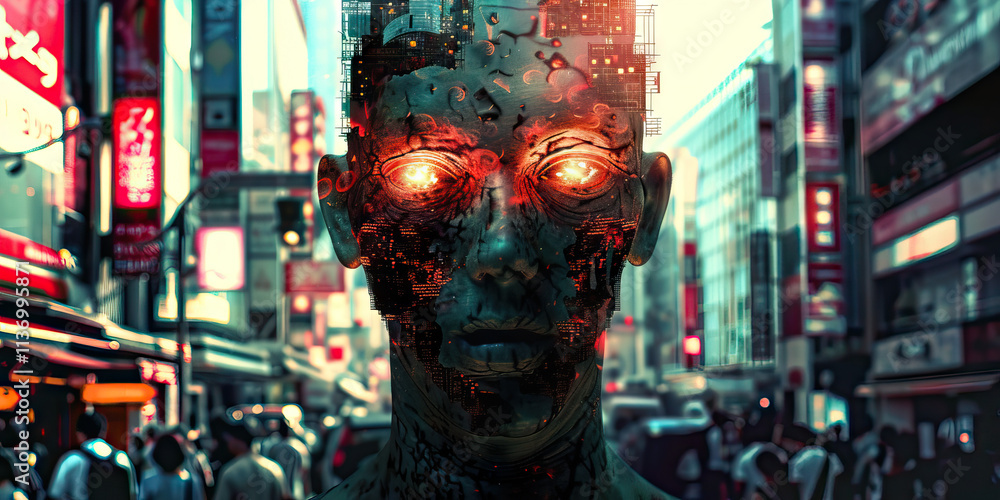 Cyborg Head Composite with Urban Background Cyborg Head Composite with Urban Background
