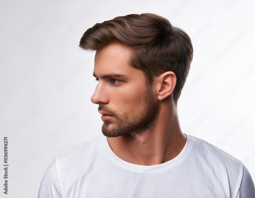 Man with a beard and short hair. He is wearing a white shirt. He has a mustache Man with a beard and short hair. He is wearing a white shirt. He has a mustache