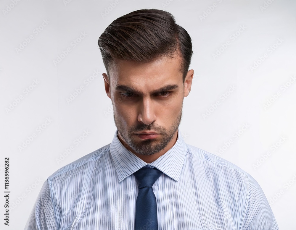 Man with a short haircut and a blue tie. He is wearing a white shirt and looking away Man with a short haircut and a blue tie. He is wearing a white shirt and looking away