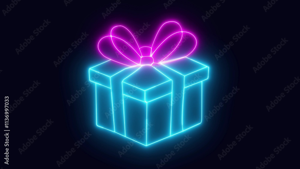 Outline neon gift box icon. Night bright advertising, light banner, light art. Vector illustration. Bright glowing symbol multicolor light on a deep black canvas Outline neon gift box icon. Night bright advertising, light banner, light art. Vector illustration. Bright glowing symbol multicolor light on a deep black canvas