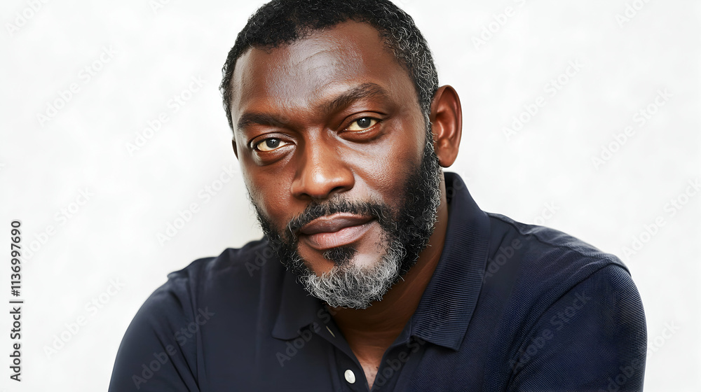 Obraz premium Portrait of a serious, middle-aged Black man with a goatee and short hair, wearing a dark polo shirt against a white background. He's looking directly at the camera.