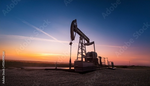 A dramatic low-angle shot of a pumpjack, its silhouette sharp against a gradient of sunrise 