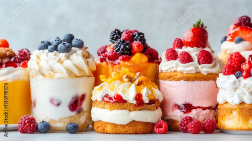 A vibrant display of various desserts topped with fresh fruits and cream