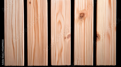 Close-up shot of five smooth, light brown wooden planks arranged vertically against a black background, showcasing wood grain texture and knots. Ideal for construction, carpentry, and DIY projects. photo