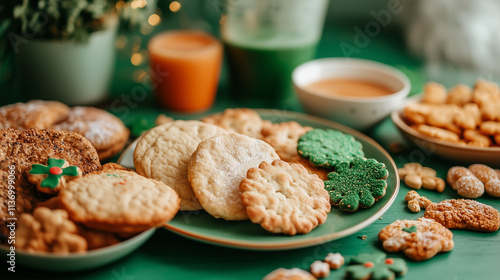 A variety of freshly baked cookies arranged on a plate with seasonal drinks beside them photo